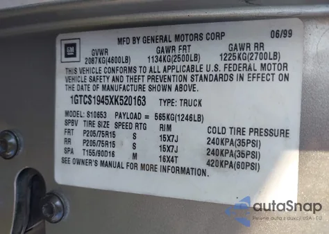 1999 GMC Sonoma Sls z USA, uszkodzony, nr VIN 1GTCS1945XK520163